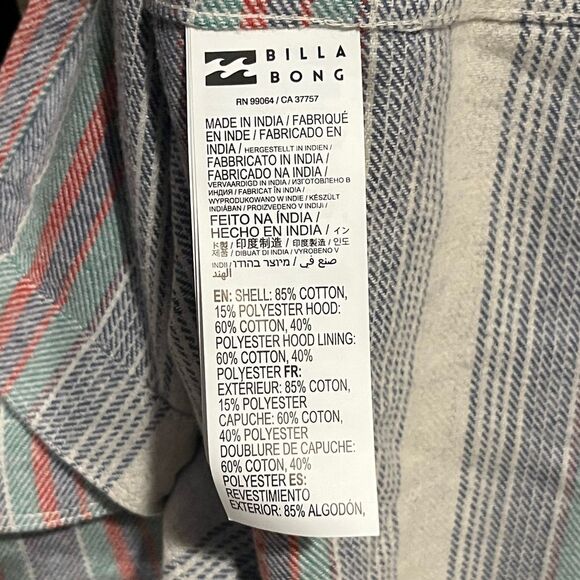 Billabong Baja Wave-Washed Flannel Blue and Red Striped Hooded Shirt Jacket - Picture 10 of 10